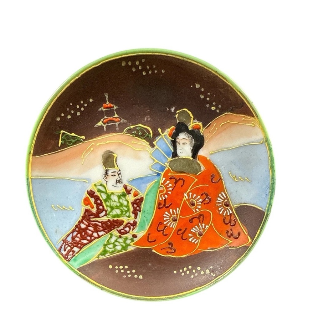 Vintage Hand Painted Japan‎ Geisha Plate 4.5” Raised Gold Moriage Porcelain Dish